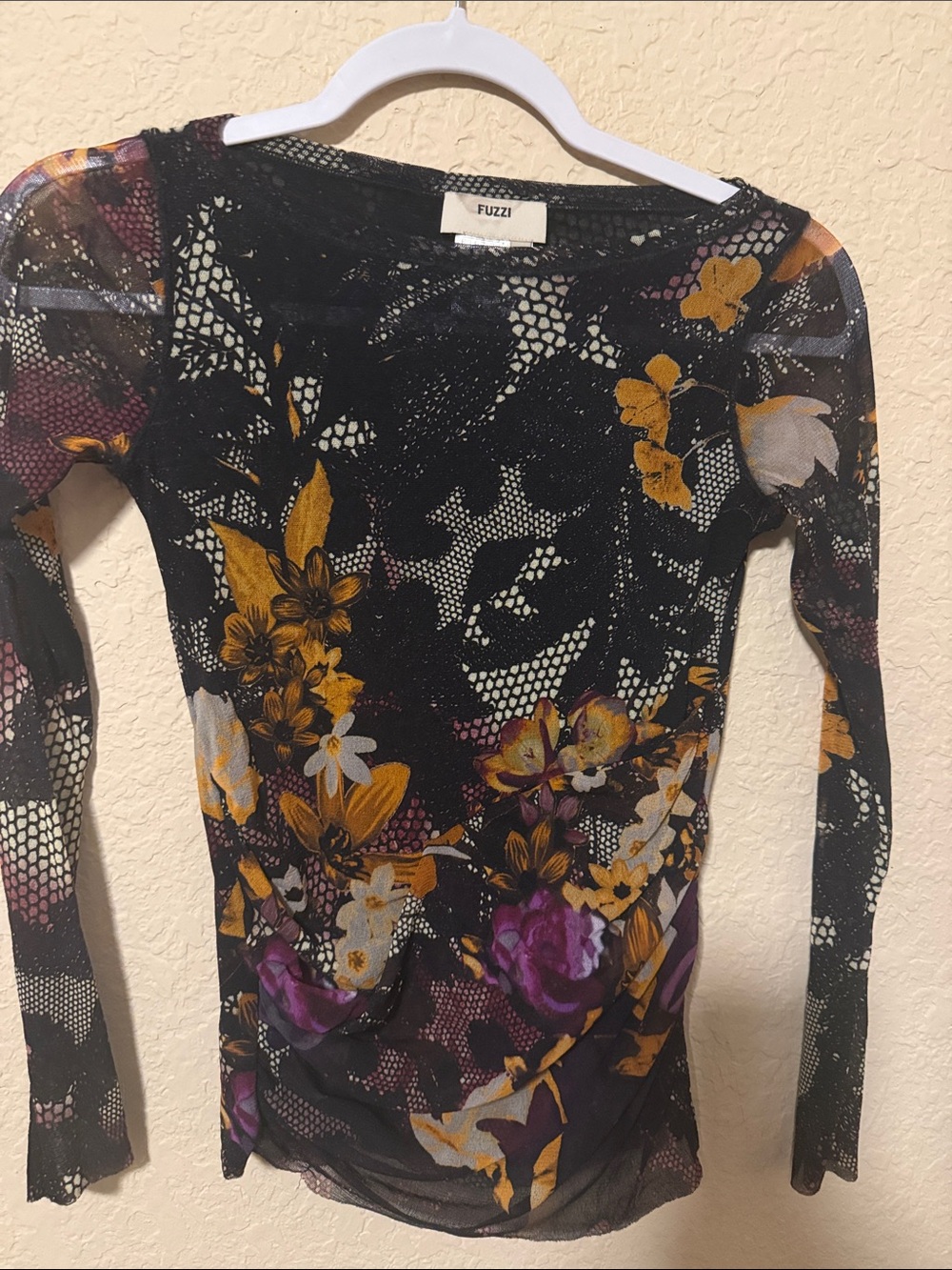 Fuzzi Black Floral Mesh Long-Sleeve Dress with Yellow & Purple Accents